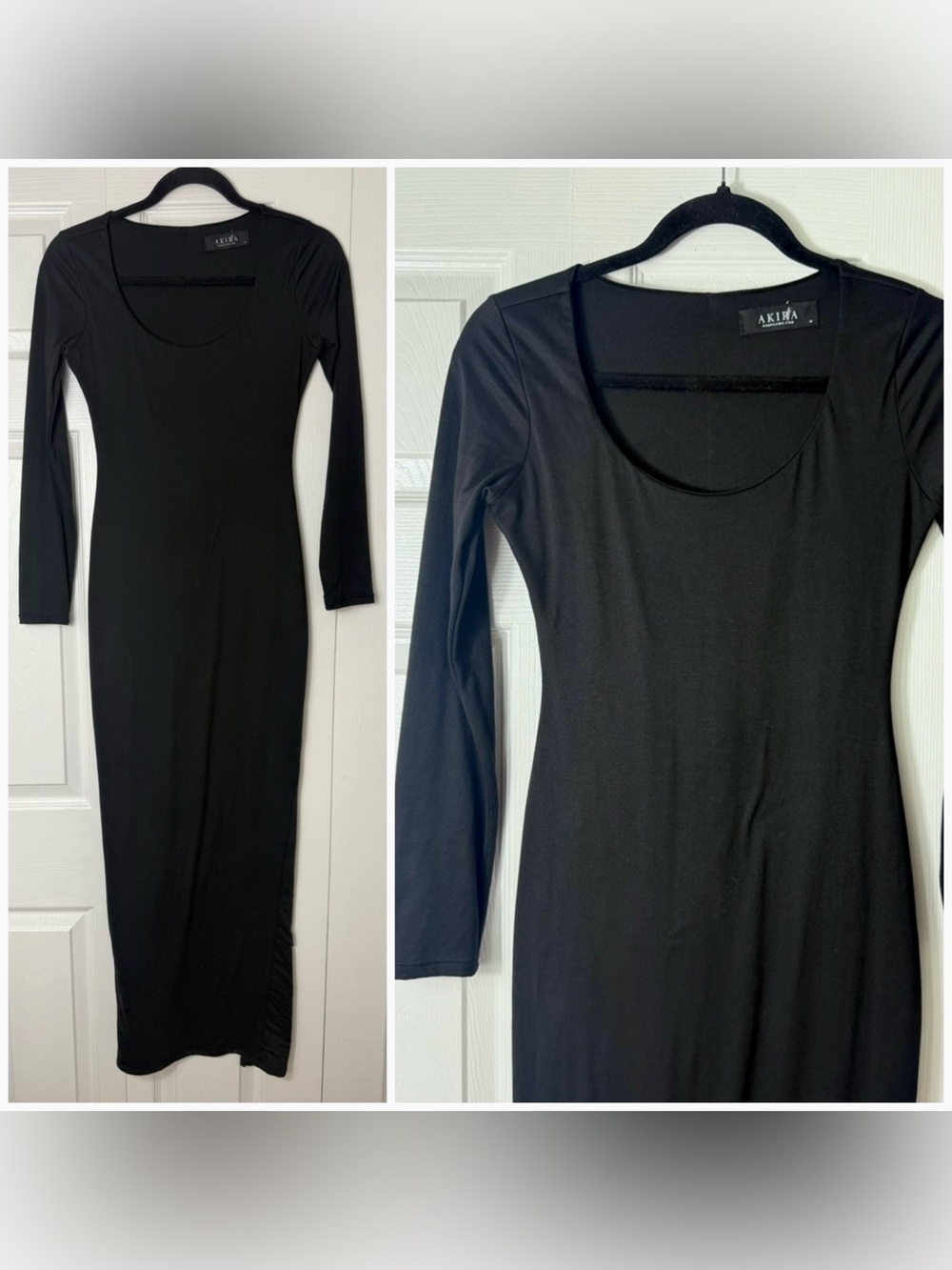 Akira Black Bodycon Maxi Dress Scoop Neck Long Sleeve Stretch Size Medium